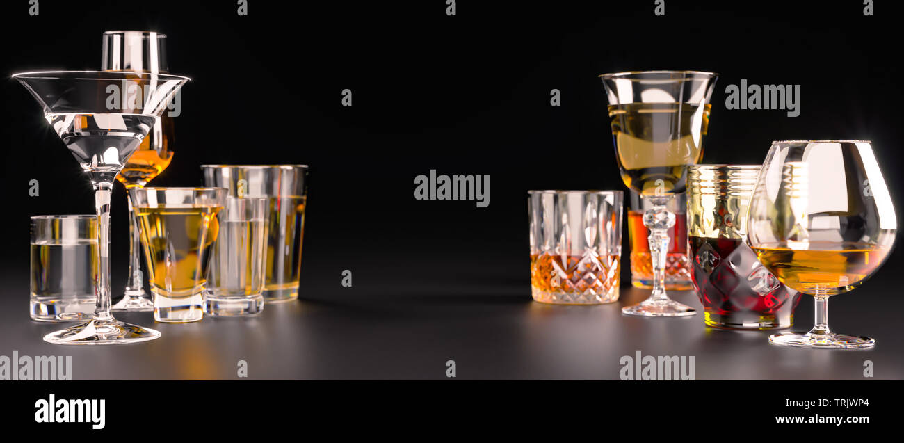 Des boissons alcoolisées, des verres et des verres, en présence de whisky, vodka, rhum, tequila, brandy, cognac. sur dark old fond avec selectiv Banque D'Images
