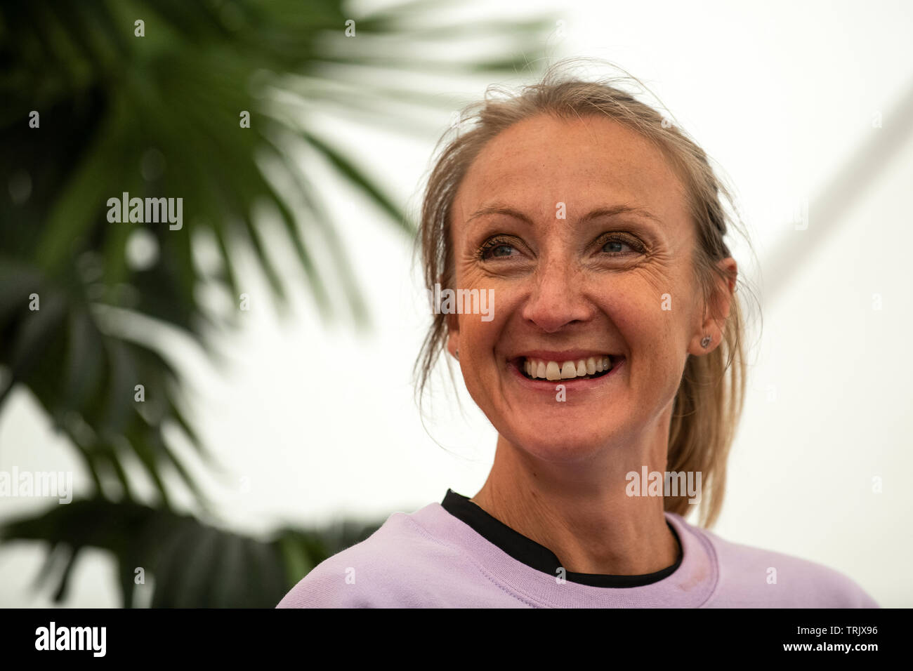 Coureur britannique Paula Radcliffe, MBE. Photographié lors de la Fest festival Run Run dans le Wiltshire. Banque D'Images