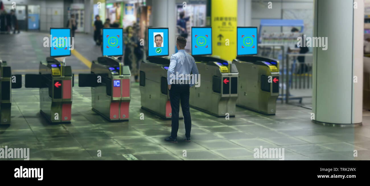 Machine learning profonde, le concept smart hospitaly industrie utilisent la technologie d'intelligence artificielle avec la reconnaissance faciale pour recognite les gens pour moni Banque D'Images