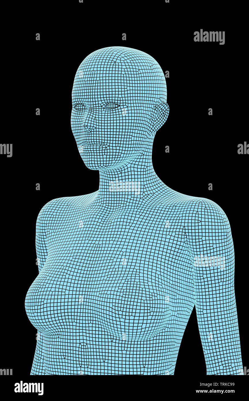 Le corps de la femme. Le Rendu 3D image des femmes corps humain. Modèle filaire isolé sur fond noir. Banque D'Images