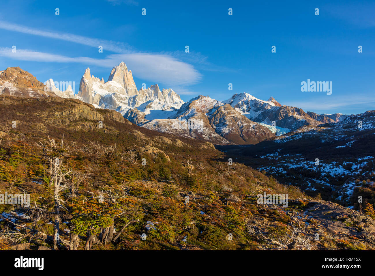 Une vue sur la montagne Fitz Roy, une partie de la cordillère des Andes à l'extérieur de la ville d'El Chalten en Patagonie de l'Argentine. Banque D'Images