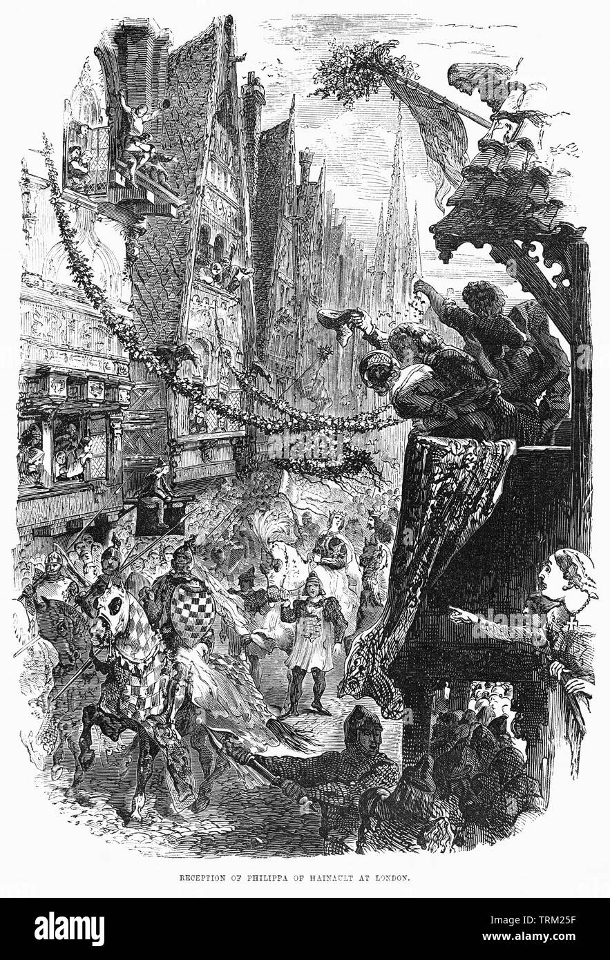 Réception de Philippa de Hainaut à Londres, épouse du roi Édouard III, 1328, Illustration de John Cassell's Illustrated History of England, Vol. I à partir de la première période du règne de Édouard le quatrième, Cassell, Petter et Galpin, 1857 Banque D'Images