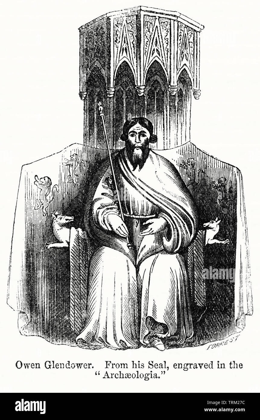 Owen Glendower, Prince de Galles 1404-15, de son sceau, gravé dans le "archeologica", Illustration de John Cassell's Illustrated History of England, Vol. I à partir de la première période du règne de Édouard le quatrième, Cassell, Petter et Galpin, 1857 Banque D'Images