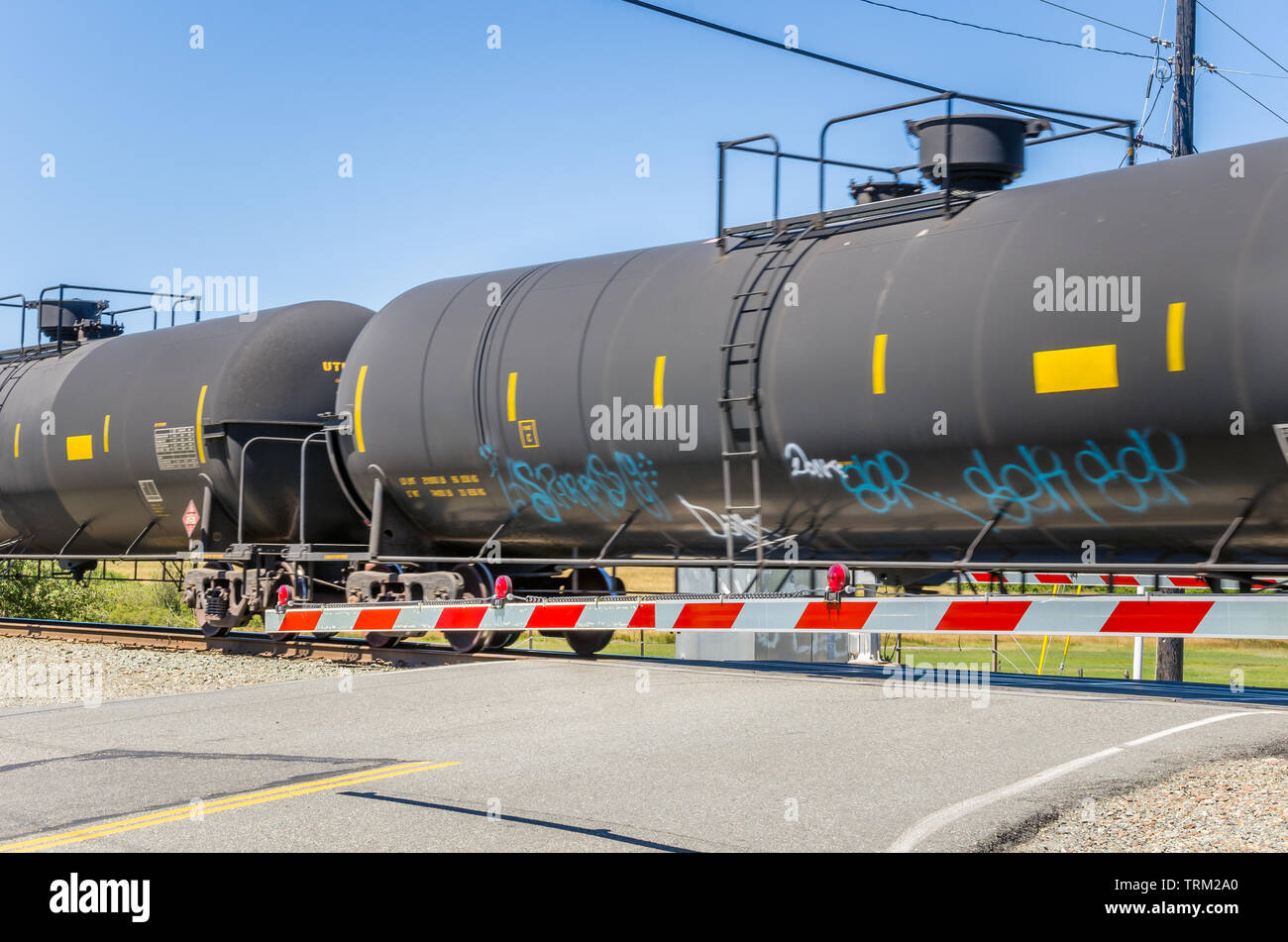 Train de wagons-citernes en passant par un passage à niveau sur une claire journée d'été Banque D'Images