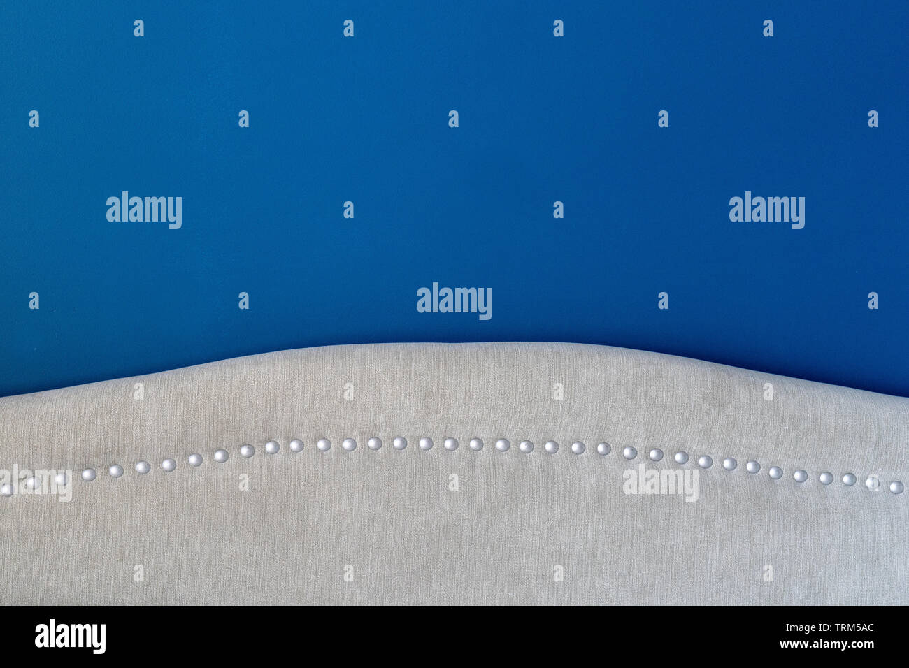 Mur peint en bleu royal profonde avec une tête de lit rembourrée close up, montrant les têtes de clous argent et tissu beige détail. Le décor intérieur correspondant. Banque D'Images