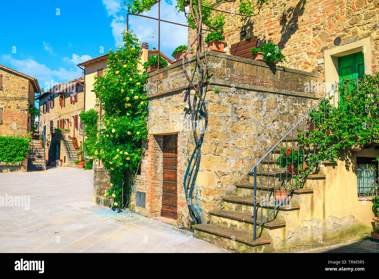 Le tourisme populaire et de déplacement, promenade incroyable avec des vieilles maisons en pierre, des entrées d'ornement de fleurs et de roses colorées, Montic Banque D'Images