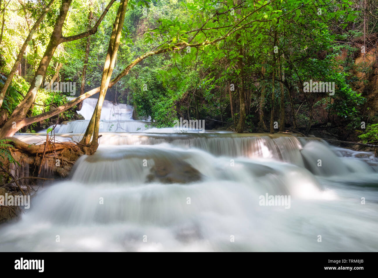 Belle Huay Mae Khamin cascade dans la forêt tropicale à Srinakarin parc national, Kanchanaburi, Thaïlande Banque D'Images