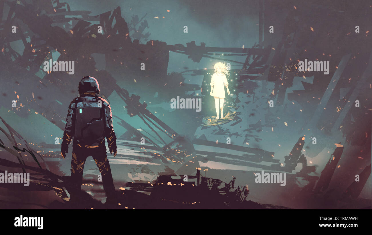 Scène de science-fiction futuriste de l'homme auxquels la jeune fille rayonnante dans planète abandonnée, art numérique, peinture style illustration Banque D'Images
