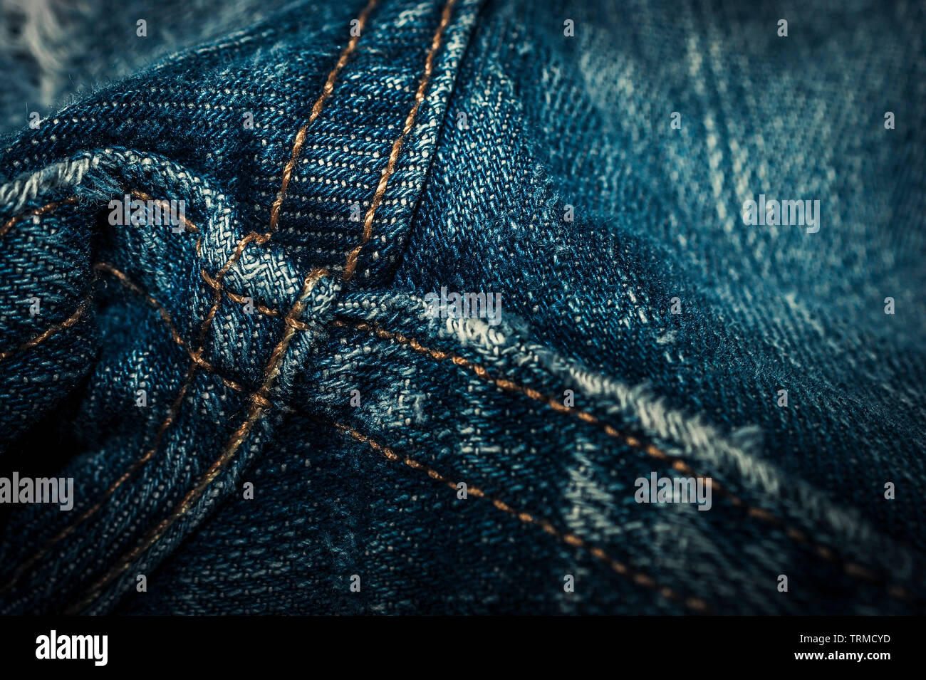 Gros plan du point d'entrejambe Jeans coutures doubles. Denim. Banque D'Images
