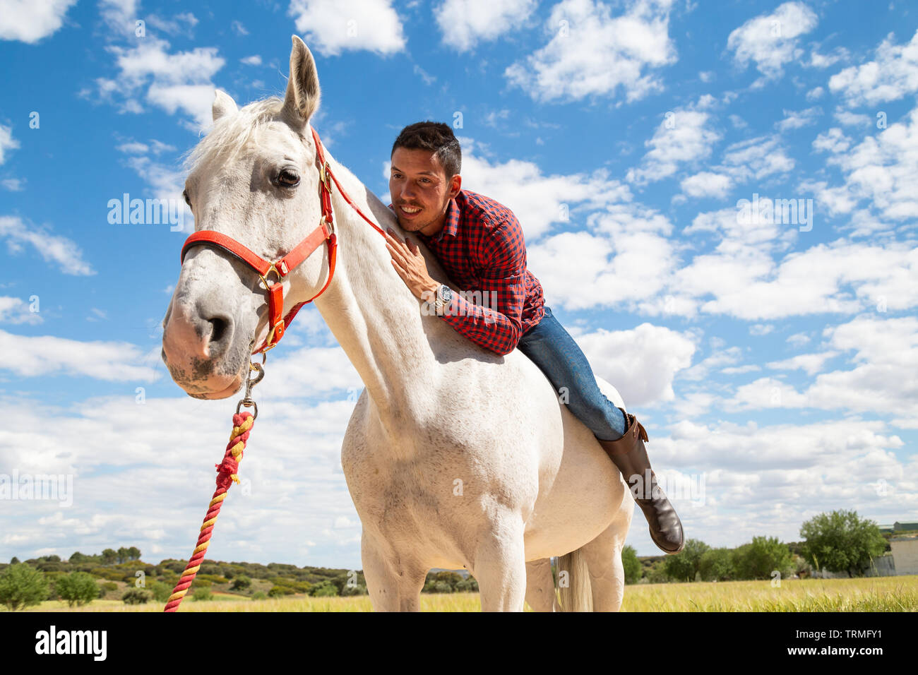 Jeune mec excite en tenue decontractee smiling et embrassant le cou de cheval blanc en dans le champ par jour nuageux Photo Stock Alamy