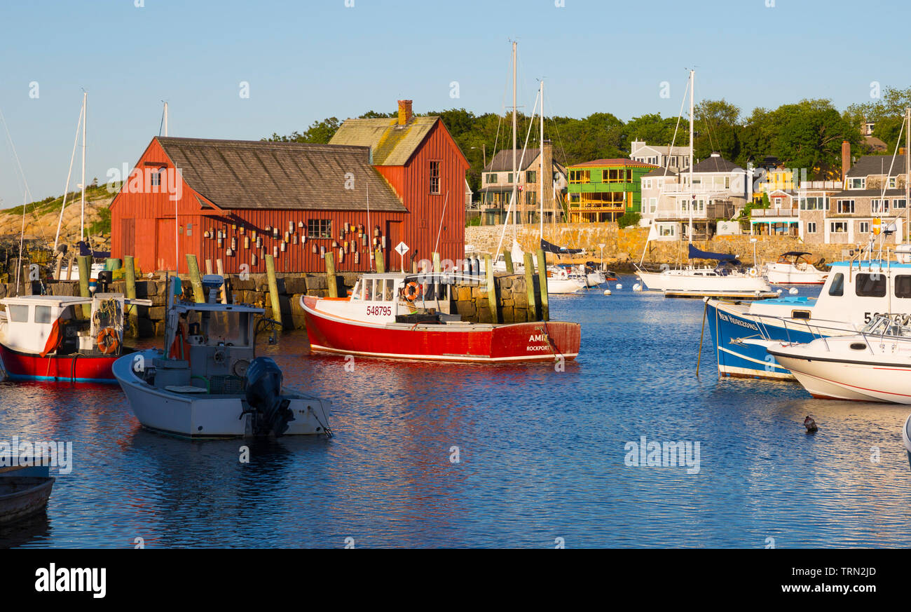 Rockport Harbor. Pêche rouge Faire connaître comme numéro un motif, Rockport, Massachussetts, New England, USA Banque D'Images