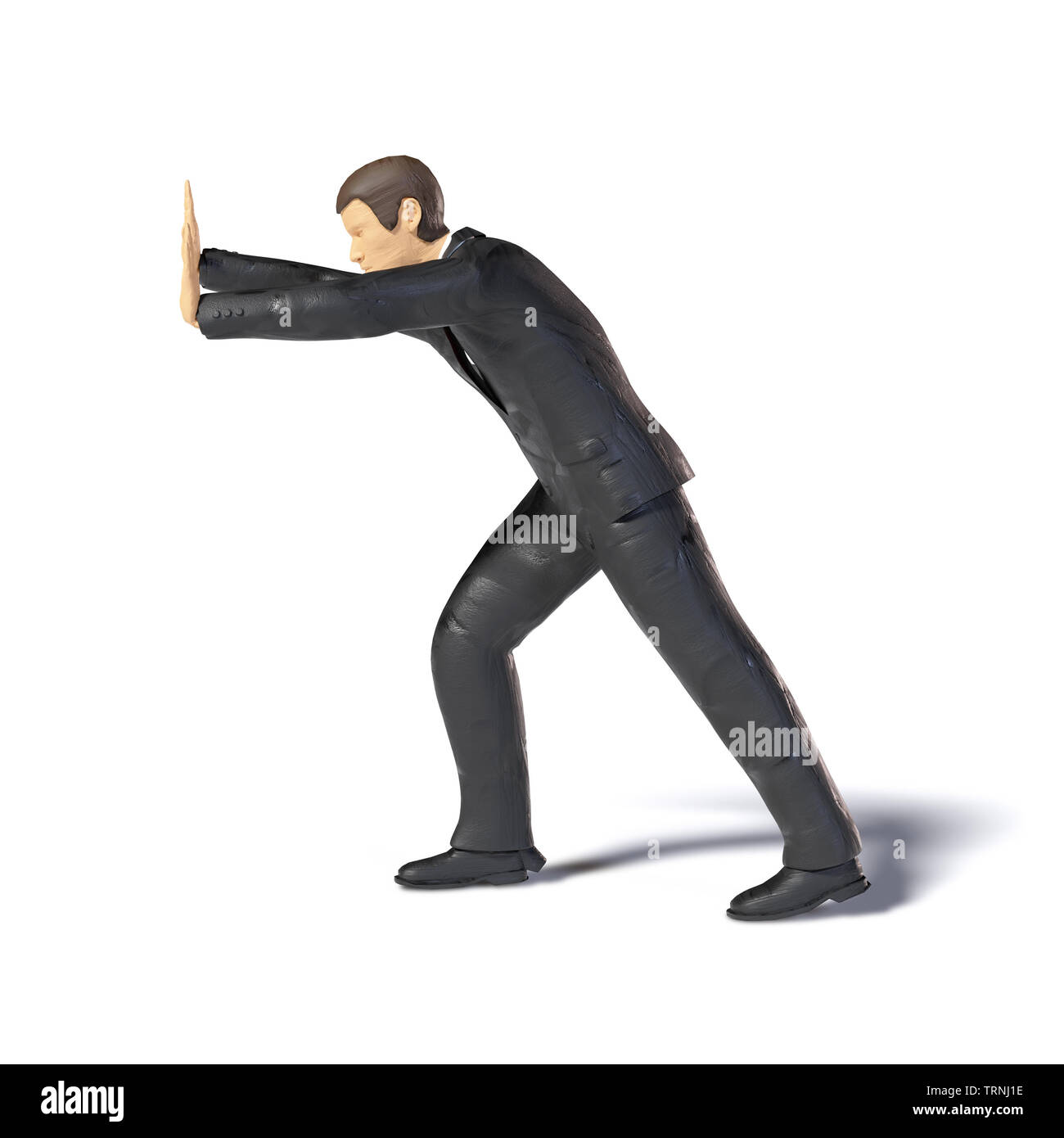 Miniature toy businessman pushing figure levée, concept figurine avec ombre isolé sur fond blanc Banque D'Images