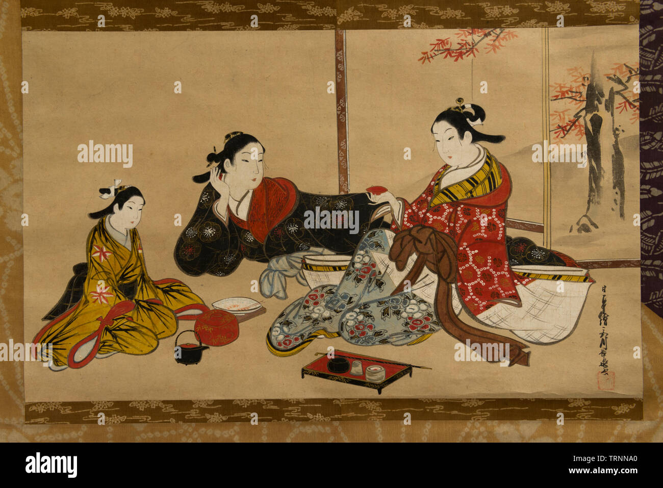 Les courtisanes ayant un chat par Choki Miyagawa. 18e siècle. Musée National de Tokyo Banque D'Images