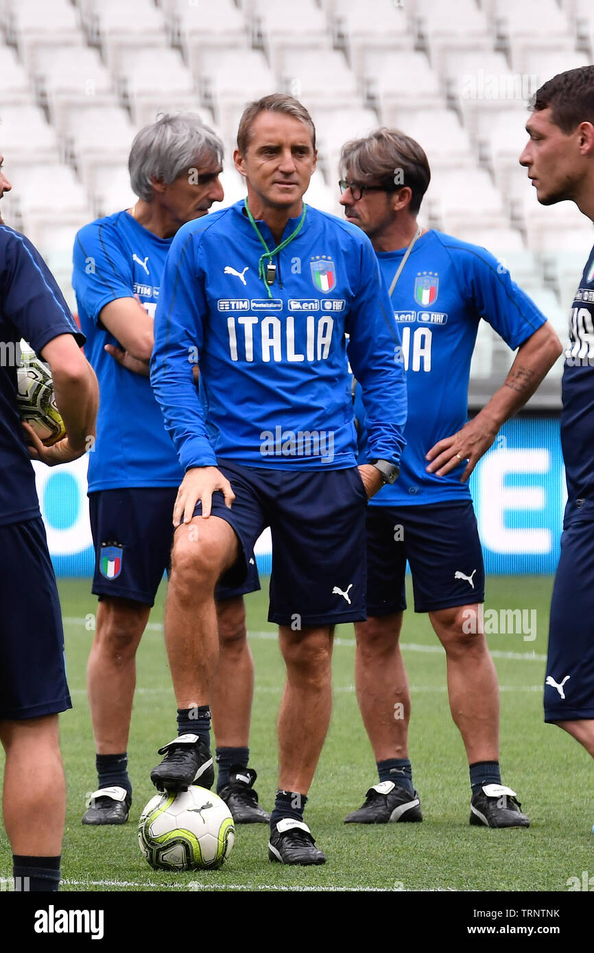 Roberto Mancini (commissario tecnico Italia) au cours de la conférence de presse avant le match entre l'ITALIE ET LA BOSNIE ERZEGOVINA ED au Juventus Stadium le 10 juin , 2019 à Turin, Italie. Banque D'Images