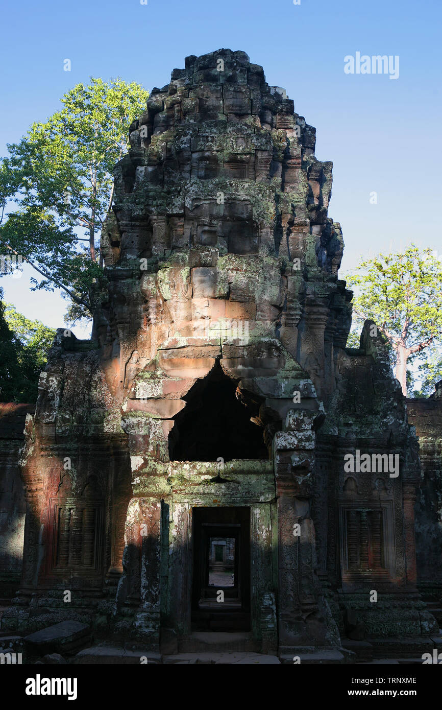 Tower et du corridor central sur l'axe est-ouest du Ta Prohm temple, Angkor, Siem Reap, Cambodge Banque D'Images
