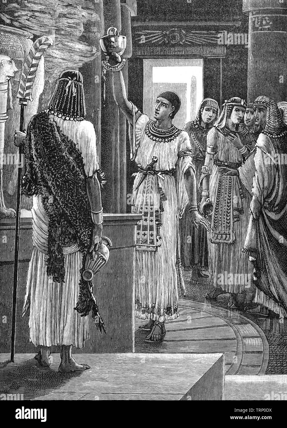 Je Psamtik Wahibre Psammetichus, aka, a été la première des trois rois de ce nom au cours de la vingt-sixième dynastie d'Égypte. Le dernier jour de fête à Héphaïstos' temple dans la partie orientale du Delta du Nil, le grand prêtre fait sortir les vases d'or, mais à tort et a donné dehors compté onze aux douze rois. Psammetichus, enleva son casque de bronze coulé et la libation. Les autres rois rappeler l'oracle avait promis la souveraineté de toute l'Égypte pour quiconque doit verser des libations à partir d'un bateau de bronze et d'exilé à Psammetichus les marais du delta du Nil. Banque D'Images