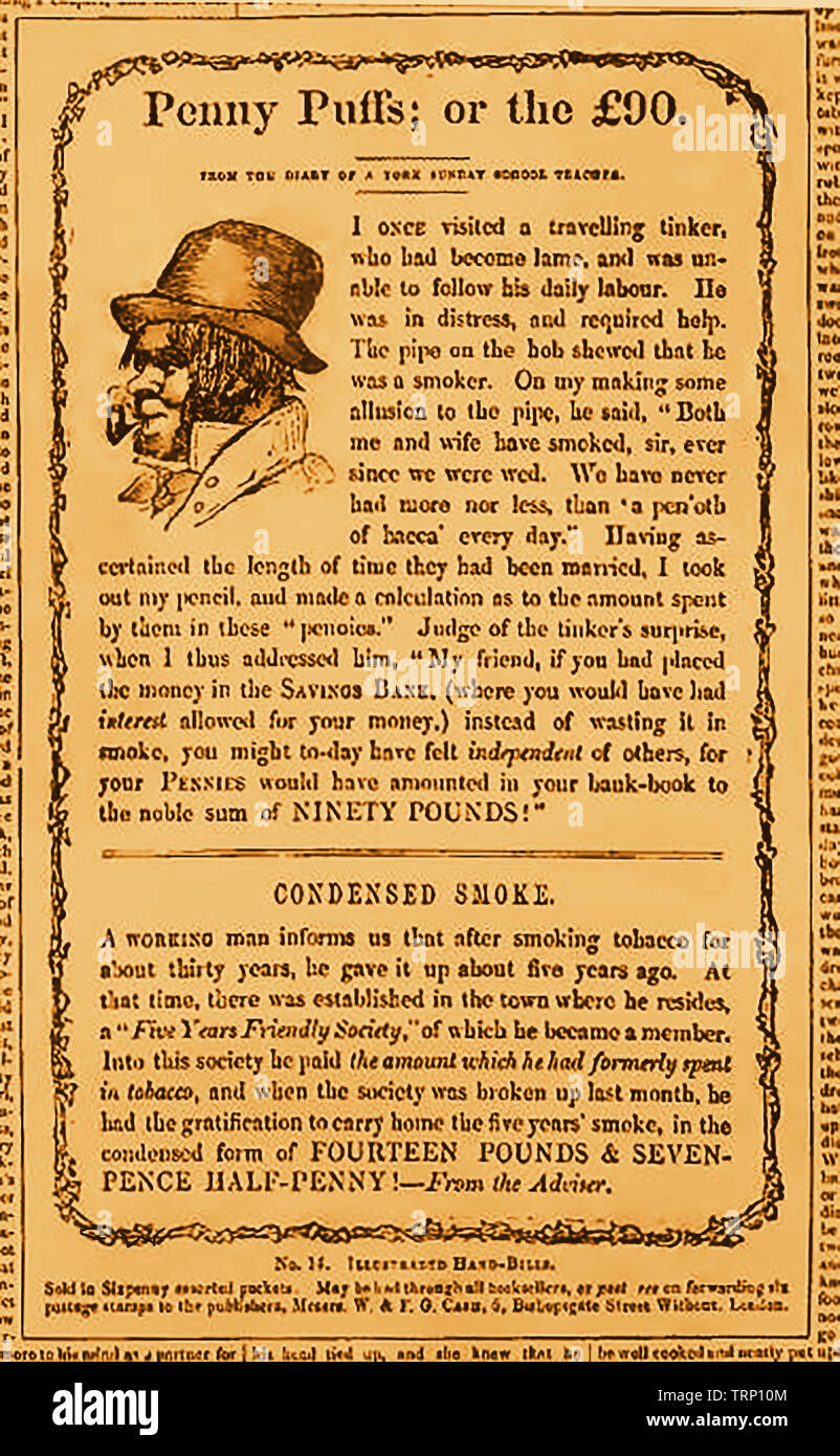 La propagande anti-tabac tabac publicité doté d''une conversation avec un tinker et une deuxième sur l'enregistrement dans un 'cinq ans friendly Society" - 1850 Banque D'Images