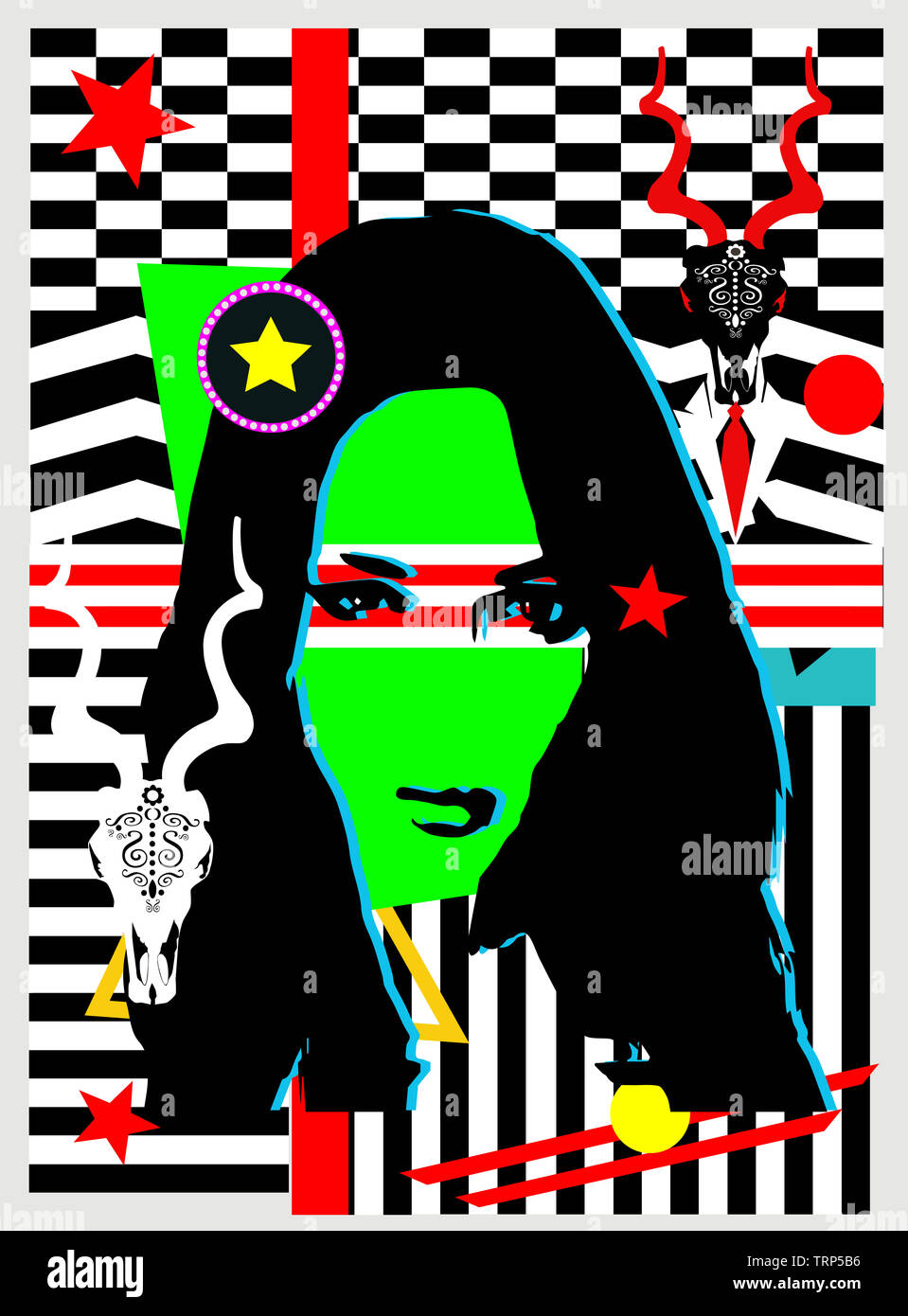 Photo d'une fille avec les Capricornes, crânes d'animaux, pop art fond Banque D'Images