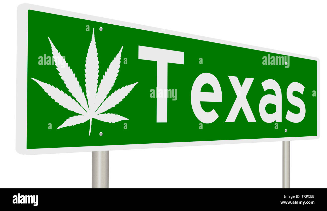 Panneau routier vert feuille avec de la marijuana pour le Texas Banque D'Images