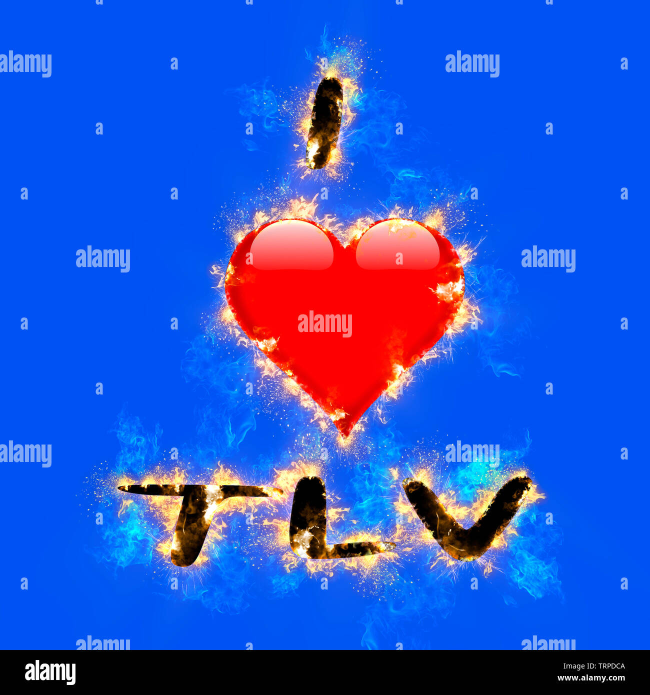 Amélioration de l'image numérique de I love TLV (Tel Aviv, Israël) avec un graphique en forme de cœur flamboyant sur fond bleu Banque D'Images