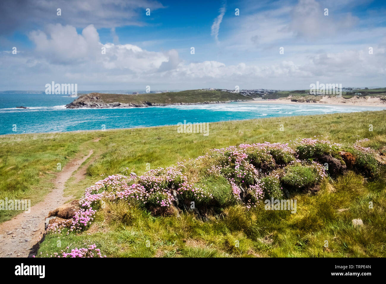 Le célèbre plage de Crantock vu de Pentire West Point à Newquay en Cornouailles. Banque D'Images