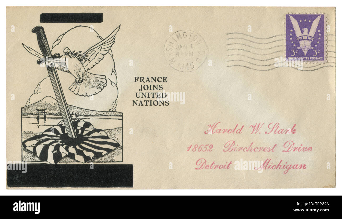 Washington, D.C., aux États-Unis, le 1er janvier 1945 : l'enveloppe historique : couvrir avec un cachet particulier avec la baïonnette poignardé dans le drapeau japonais. Colombe blanche de la paix Banque D'Images