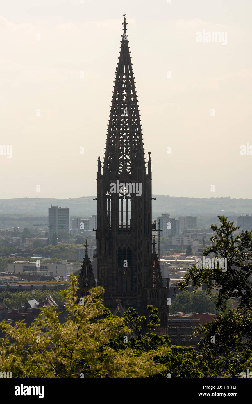 Freiburg im Breisgau, Münster Unserer Lieben Frau im Gegenlicht, Turm Banque D'Images