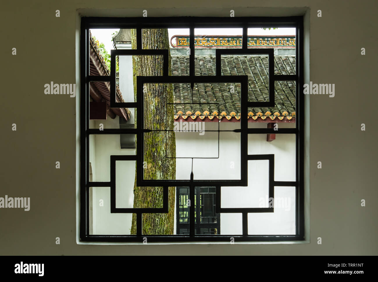 Fenêtre en bois de style traditionnel chinois dans jardin Banque D'Images