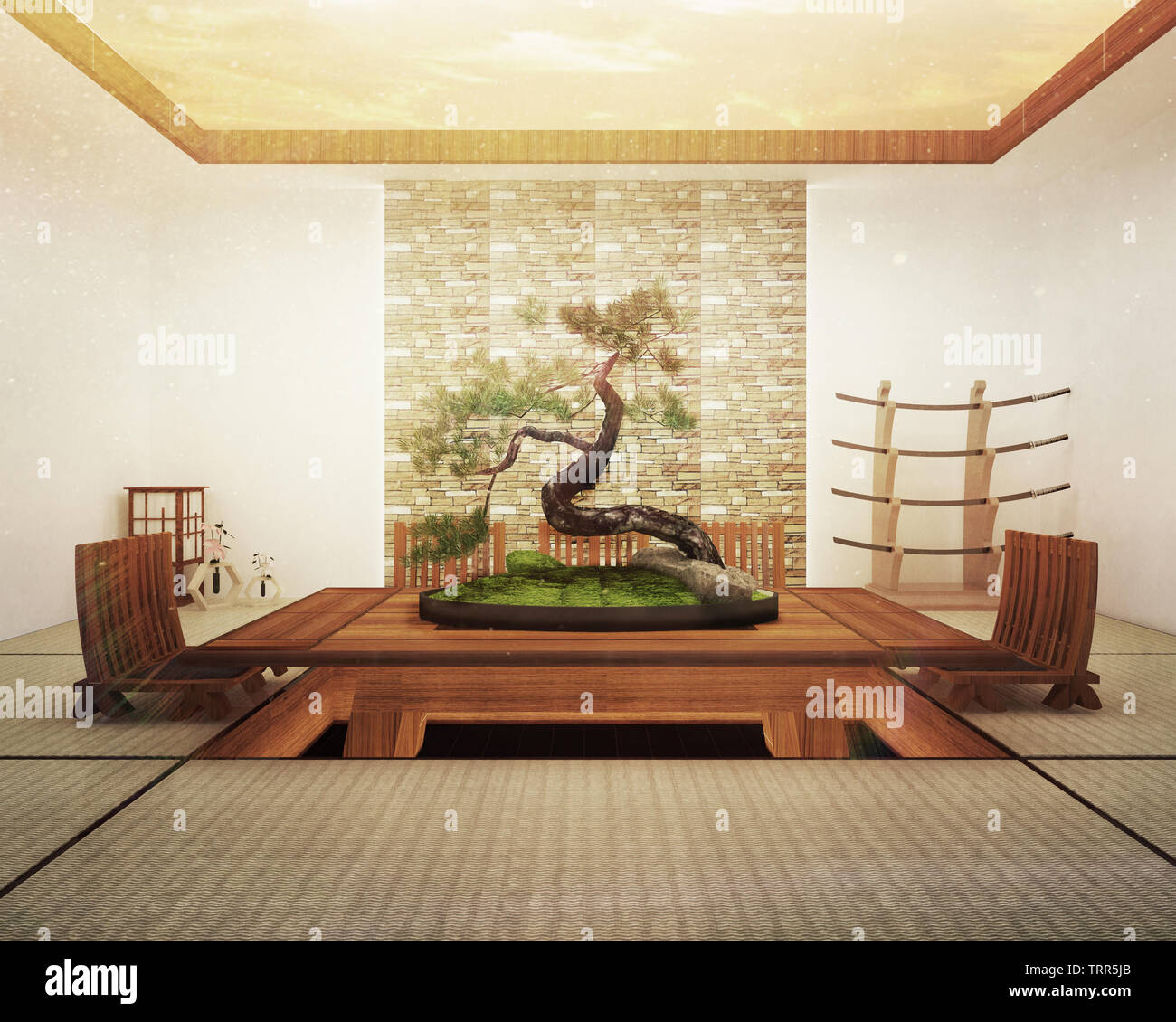 Design d'intérieur japonais moderne,salon avec table et de la décoration.  Le rendu 3D Photo Stock - Alamy