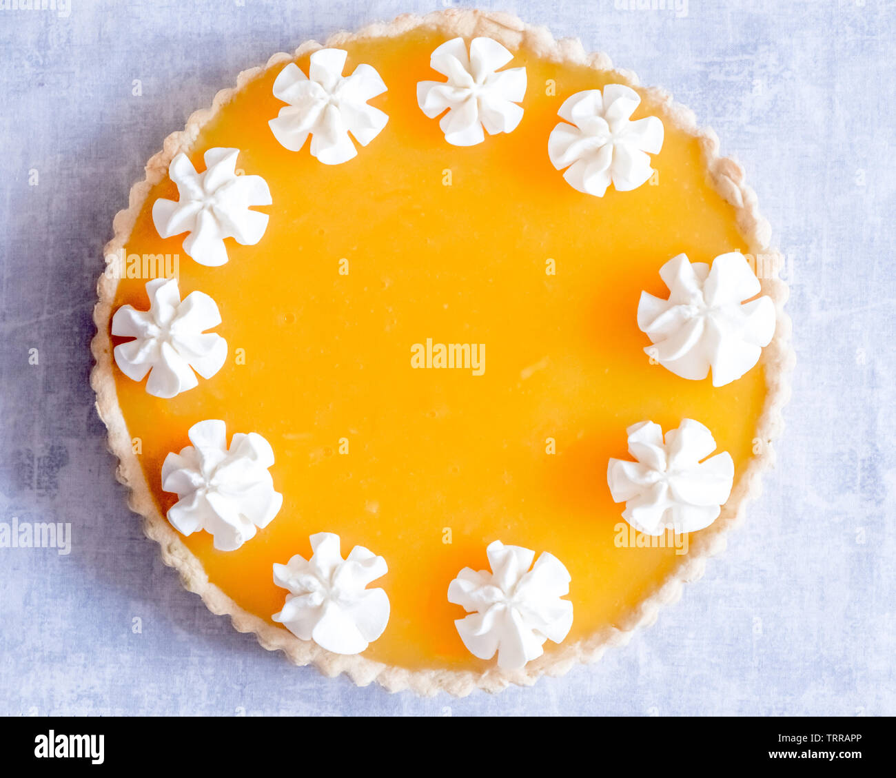 Vue supérieure de la mise à plat d'une gelée d'Orange Fruit de la Tarte de crème fouettée sur le contour d'un sur fond gris clair Banque D'Images