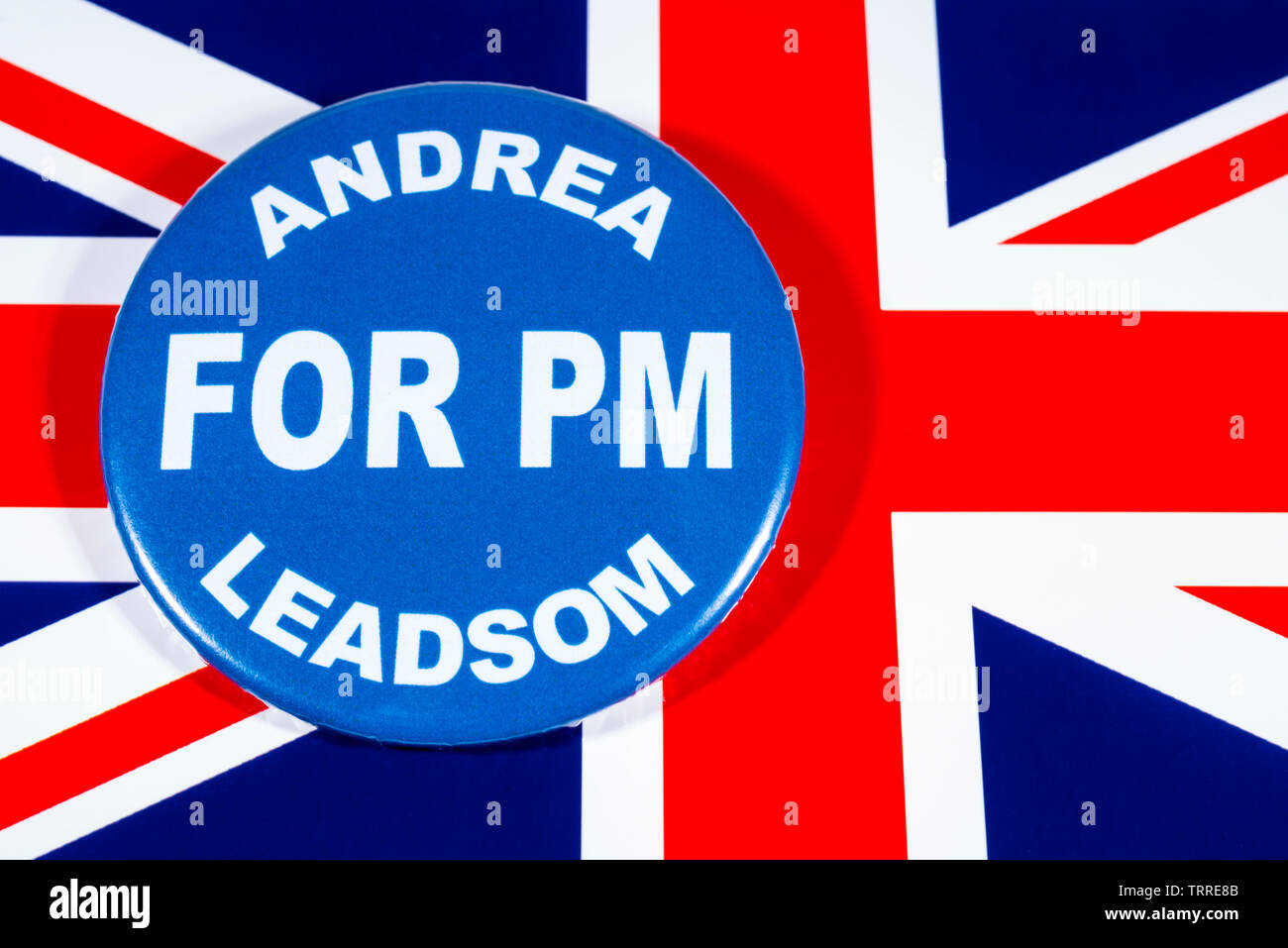 Londres, Royaume-Uni - 29 mai 2019 : un badge avec Andrea Leadsom pour premier ministre, représenté sur le drapeau du Royaume-Uni. Andrea Leadsom est l'un des th Banque D'Images