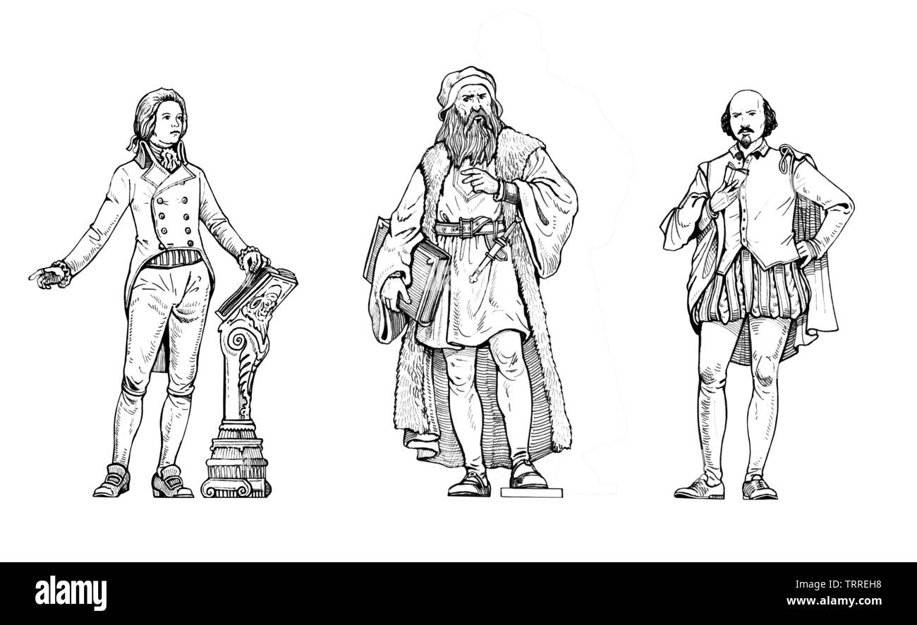 Amadeus Mozart, William Shakespeare et dessin de Léonard de Vinci. Ensemble de 3 illustrations isolées. Banque D'Images