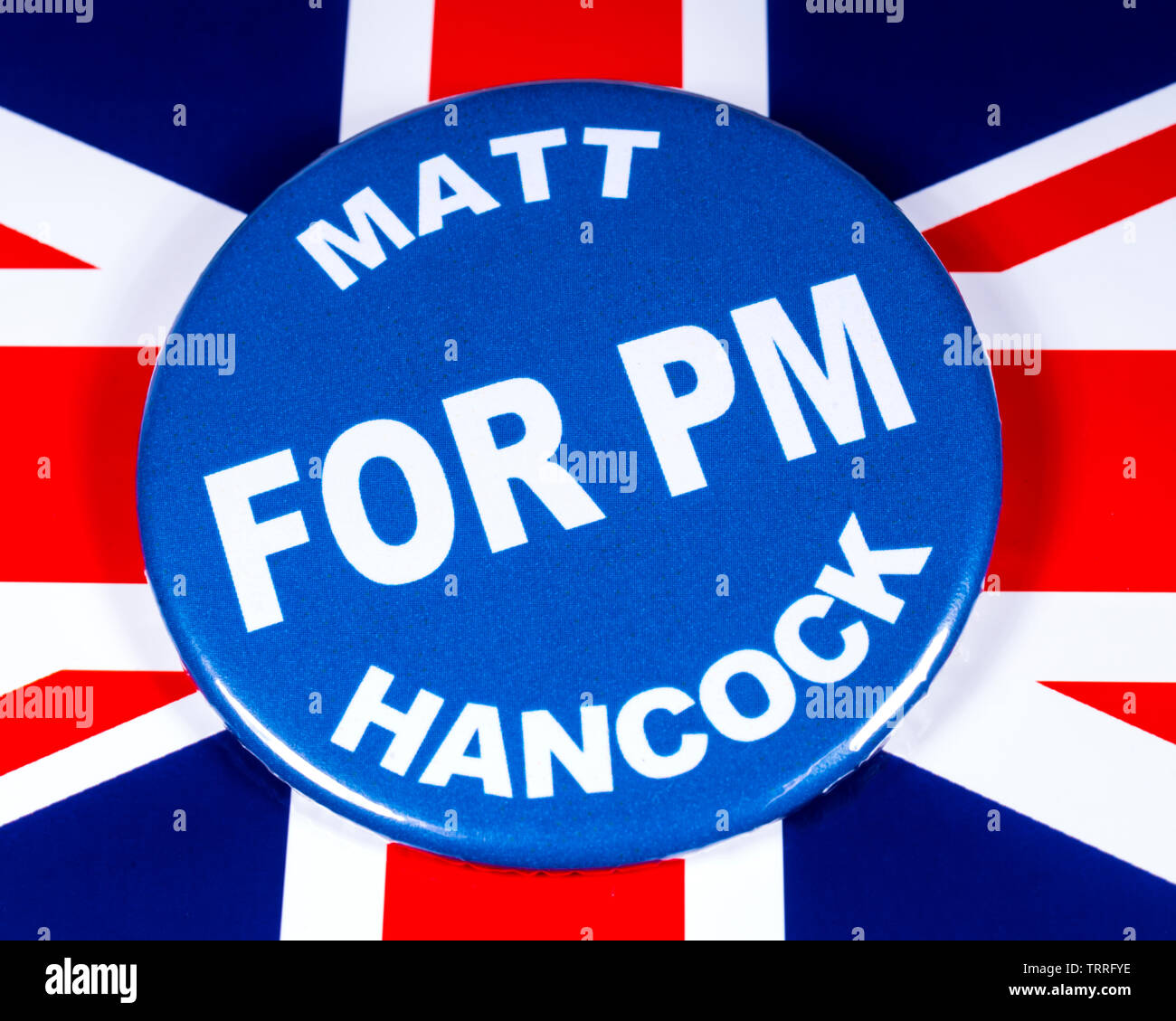 Londres, Royaume-Uni - 11 juin 2019 : un badge avec Matt Hancock pour le premier ministre, représenté sur le drapeau du Royaume-Uni. Matt Hancock est l'un des candidats à Banque D'Images