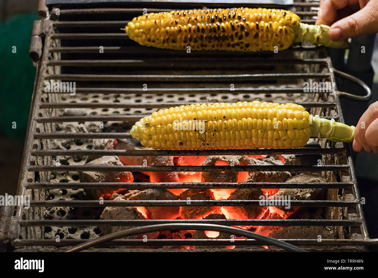Maïs grillé sur un poêle à charbon, gros plan à l'extérieur Photo Stock -  Alamy