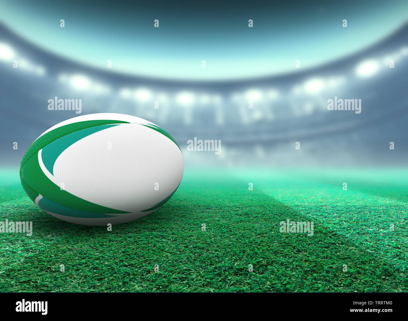 Un reguar ballon de rugby blanc vert avec des éléments de conception reposant sur un terrain en gazon du stade de nuit sous les projecteurs lumineux - 3D render Banque D'Images