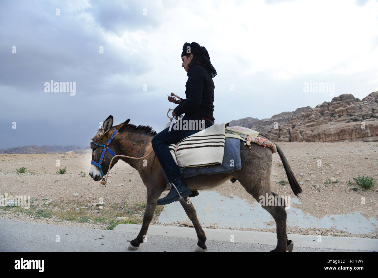 Un Bédouin man riding leurs ânes près de Little Petra en Jordanie. Banque D'Images