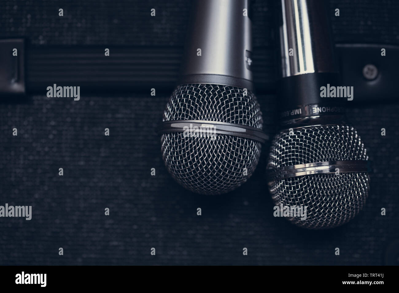 Deux processeurs double microphone pour duo de chanteurs chanteuses de concept. Banque D'Images