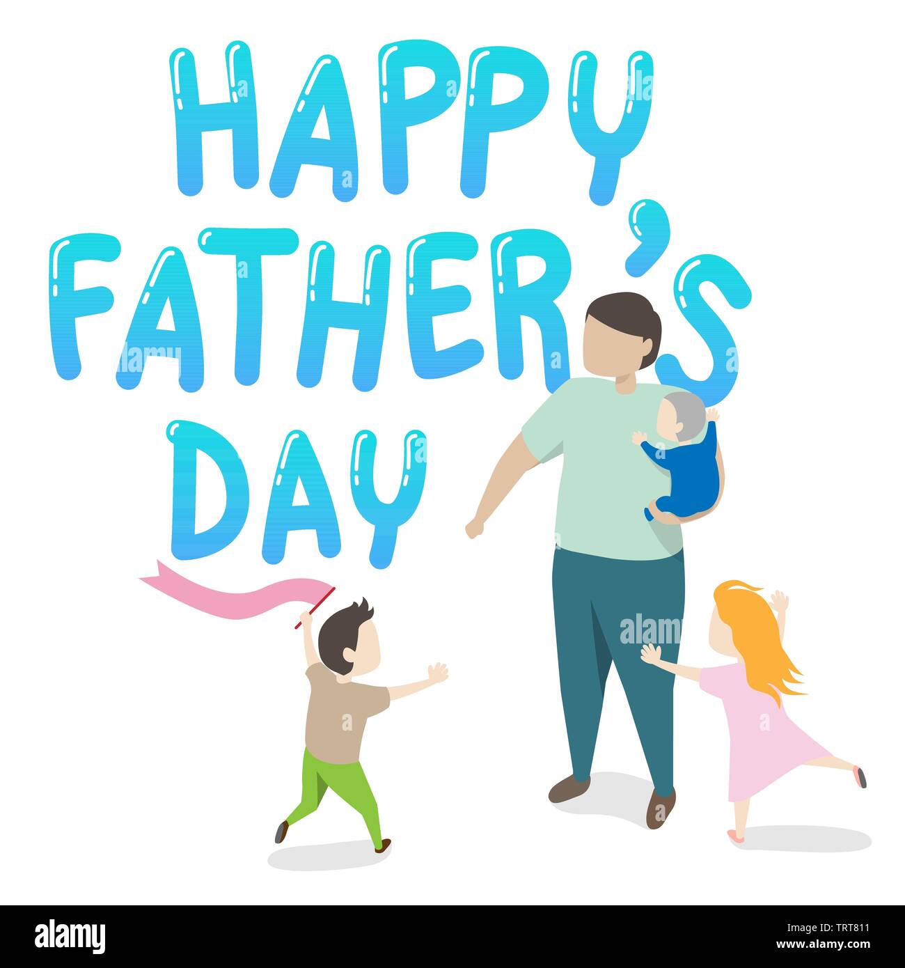 Vecteur d'happy father's day Greeting card. père tenant un enfant dans ses bras avec deux enfants jouant autour de grande famille heureux ensemble. Illustration de Vecteur