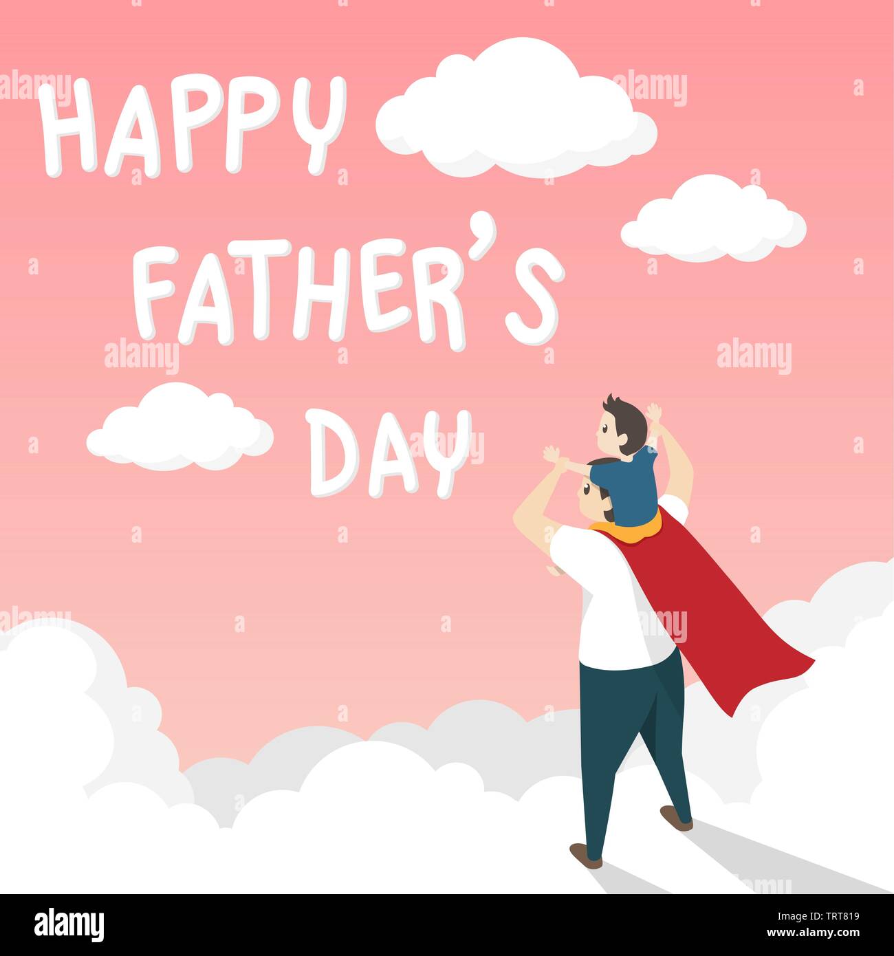 Vecteur d'happy father's day carte de vœux. Dans le costume de super-héros Dad giving son trajet sur l'épaule avec happy Father's Day sur le nuage blanc o Illustration de Vecteur