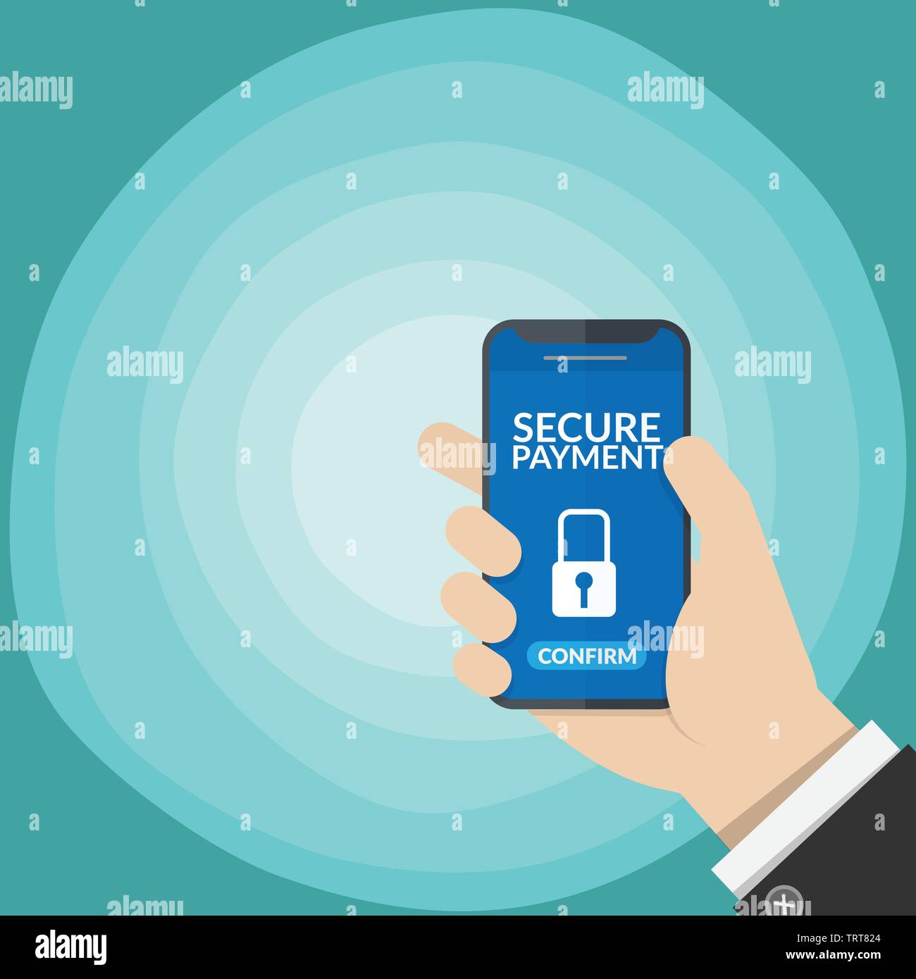 L'avis de paiement sécurisé avec serrure à clé symbole dans un téléphone intelligent écran le nom de la main de l'homme isolé sur fond bleu dégradé. vector illustrat Illustration de Vecteur