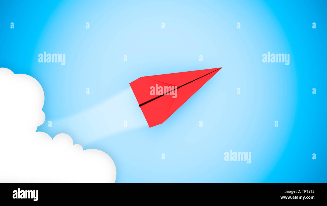 La réussite de l'entreprise concept : red Paper Plane flying sur ciel entre les nuages. Le rendu 3D Banque D'Images