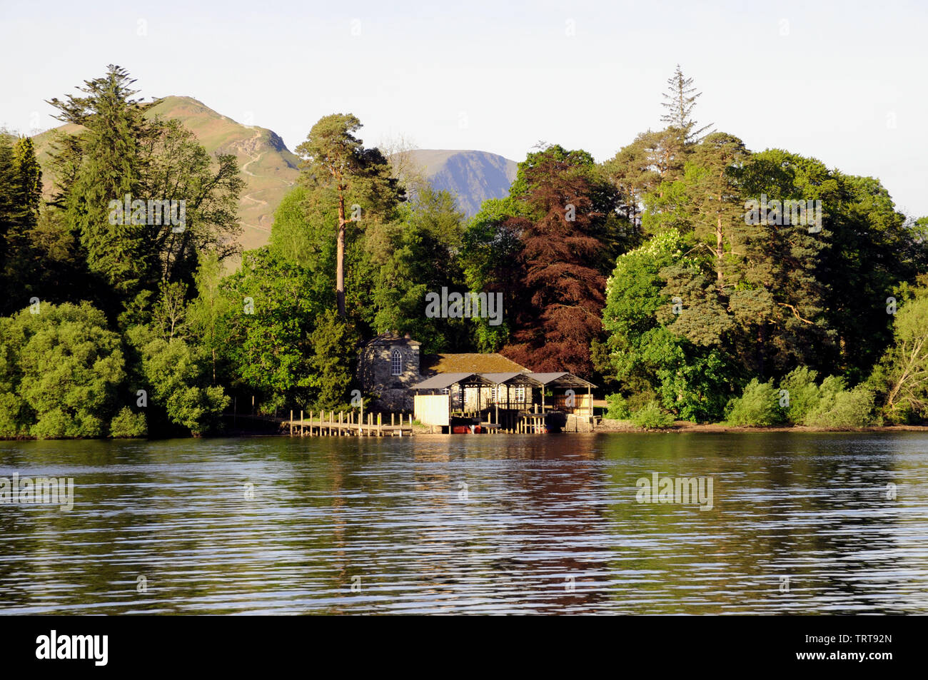 Boathouse se niche sur l'île de Derwent, une île comme son nom l'indique sur Derwentwater, Keswick, dans le Lake District Banque D'Images