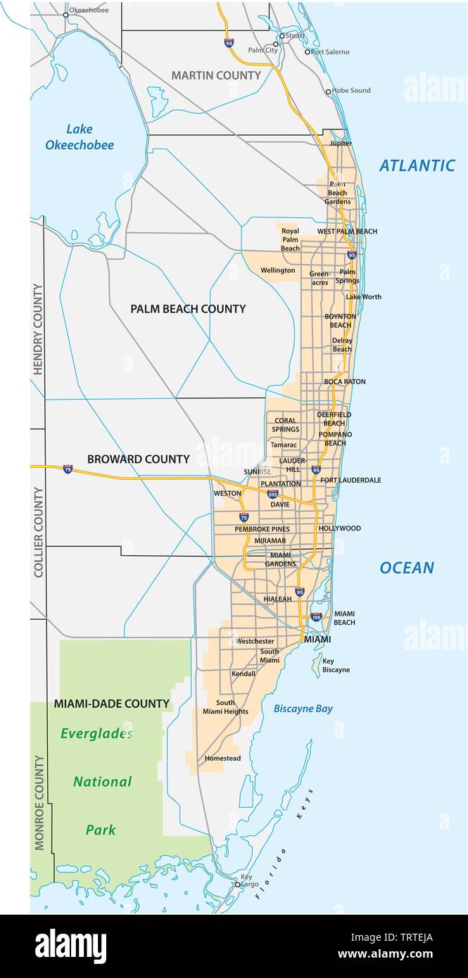 Région métropolitaine de Miami ou une plus grande carte de la région de Miami Illustration de Vecteur