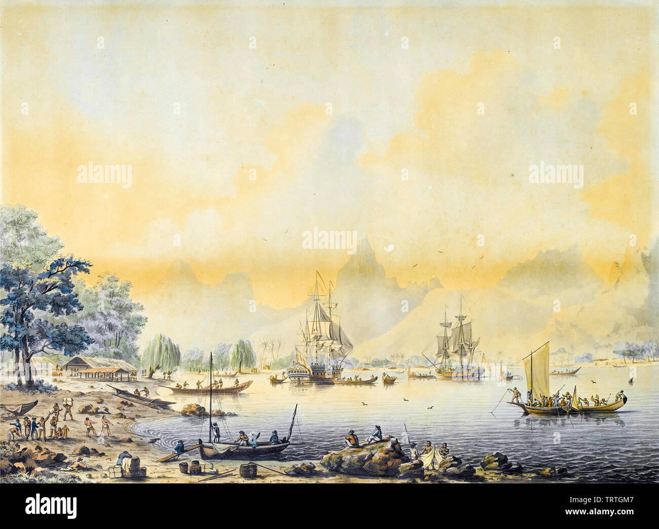 HMS Resolution à l'ancre à Moorea, l'une des îles amicales, Polynésie Française, peinture, vers 1787 Banque D'Images