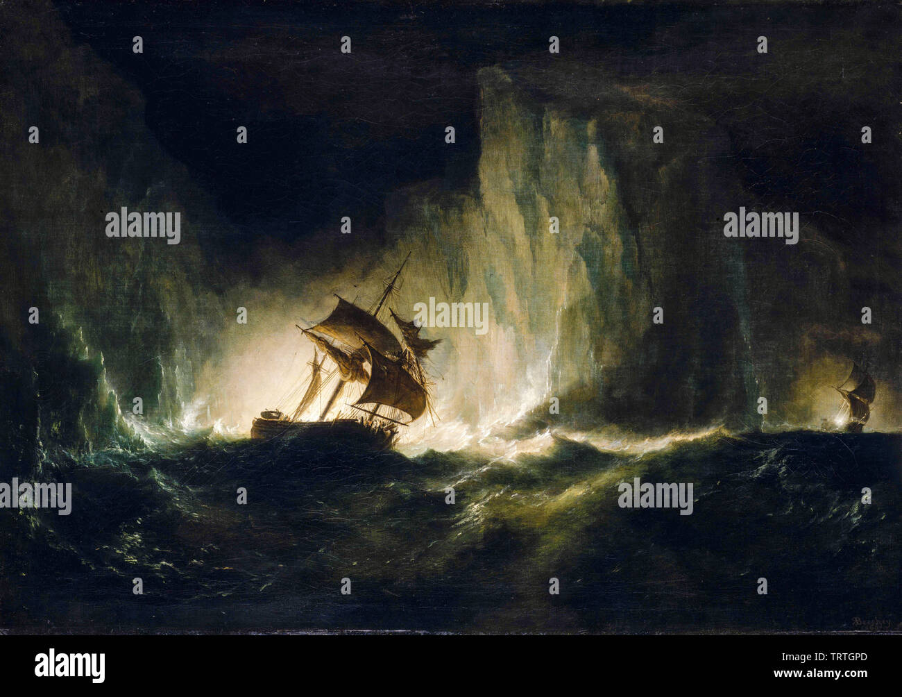 Le HMS Erebus en passant par la chaîne d'icebergs, 1842, peinture, 1860 Banque D'Images