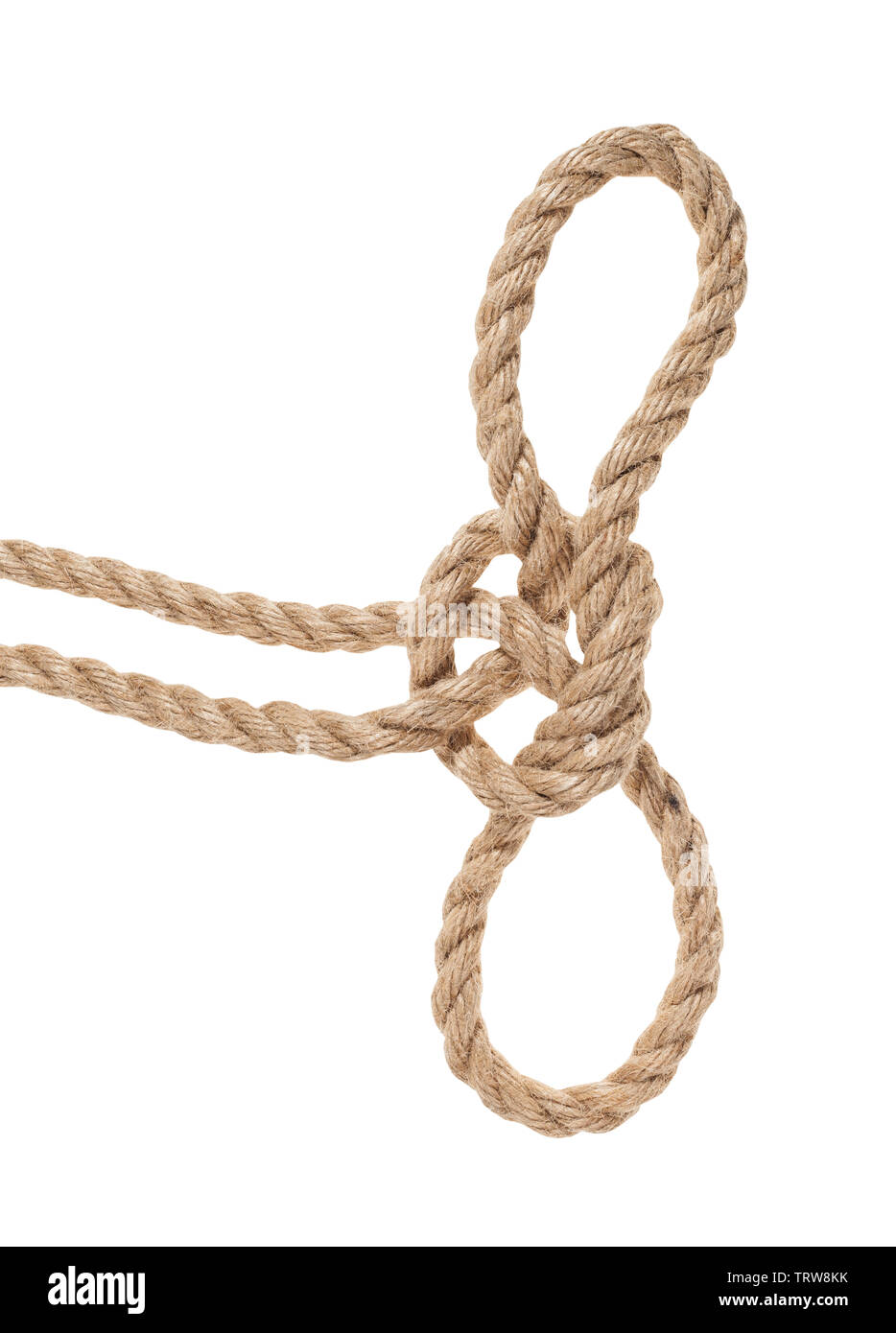 Handcuff nœud sur la corde de jute épaisse isolé sur fond blanc Banque D'Images