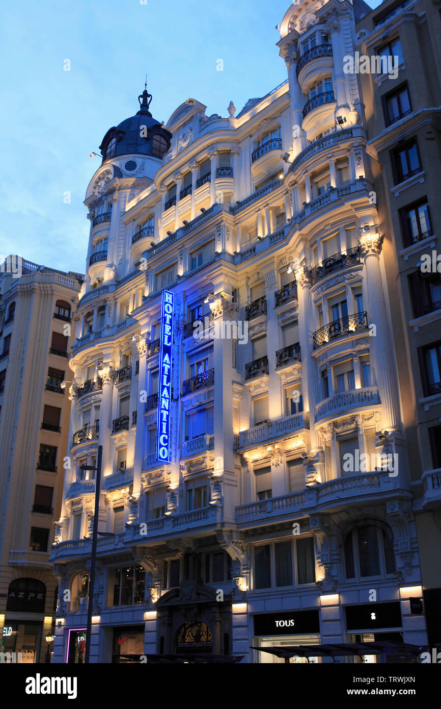 Espagne, Madrid, Gran Via, l'Hôtel Atlantico, Banque D'Images