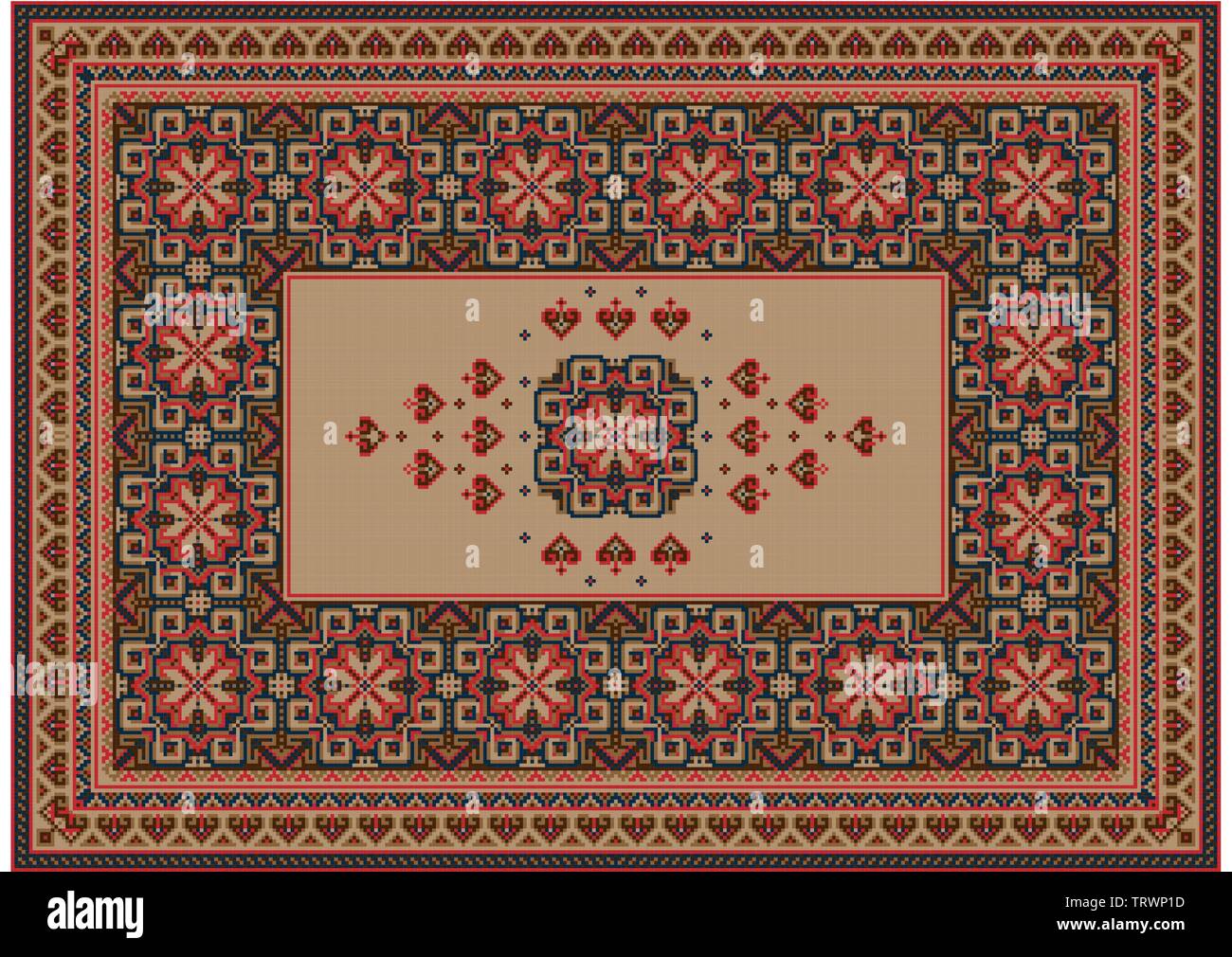 Image d'un vieux tapis oriental luxueux avec brun, beige et rouge des produits et de l'ornement au centre sur un fond beige Illustration de Vecteur