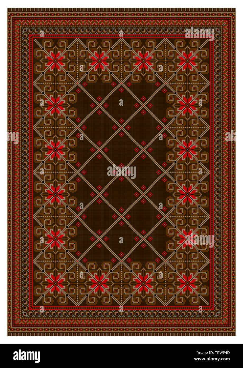 Pour l'ancien patron de tapis orientaux en brun et rouge avec rayures beige sécantes exécuter au centre sur un fond blanc Illustration de Vecteur