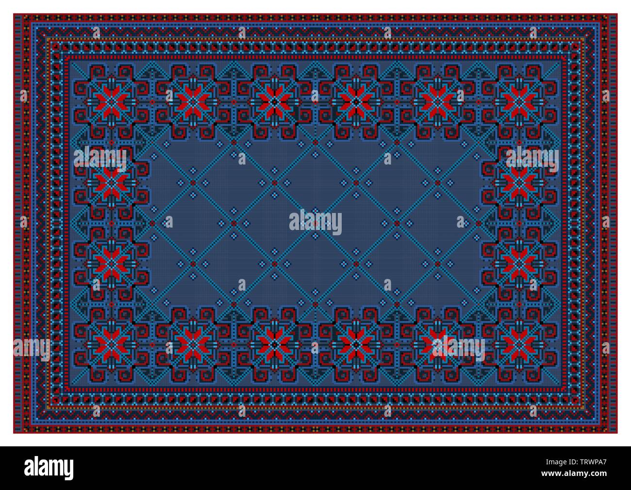 Pour l'ancien patron de tapis orientaux en couleurs bleu et rouge avec rayures bleuâtres qui se croisent au centre run Illustration de Vecteur